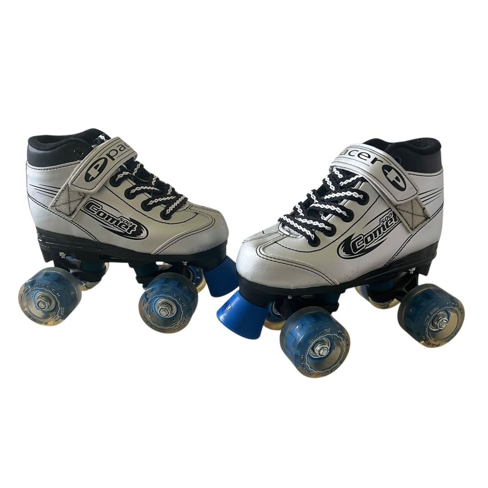 Pacer Comet 500 Kids Roller Skates Silver Blue Youth Jr 13 Quad Skates EC